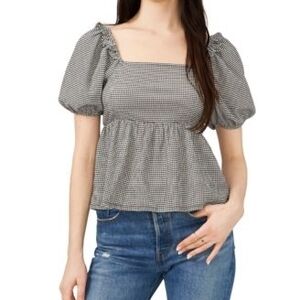 Women’s Black & White Gingham Puff-Sleeve Square-Neck Peplum Blouse Top.